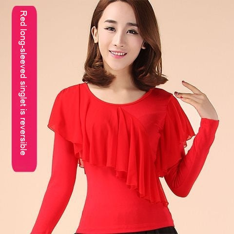 Square Dance Clothing Mesh Round Neck Latin Dance Dancing Practice Clothes