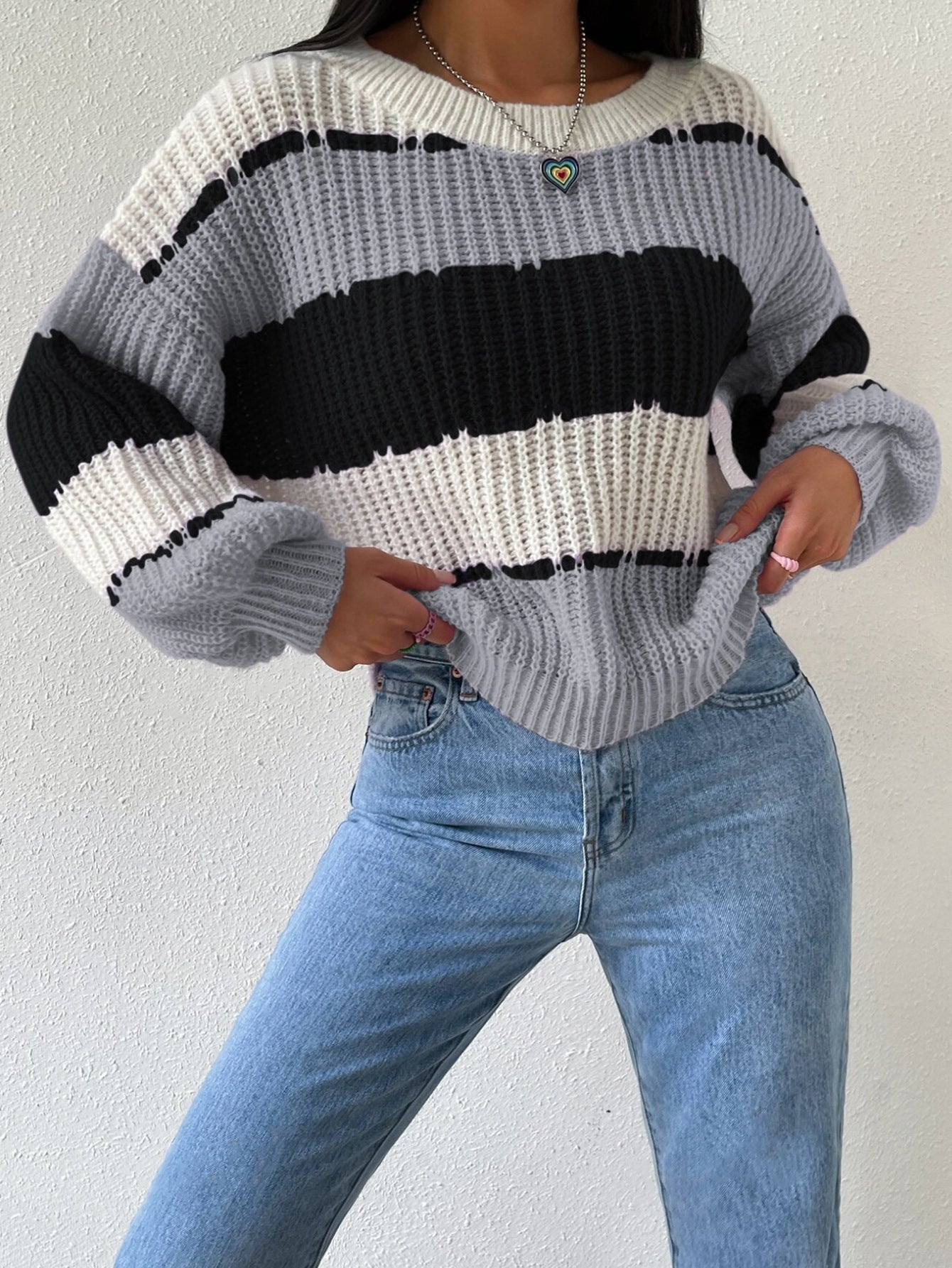 Efterår Og Vinter Langærmet Pullover Kontrastfarve Casual