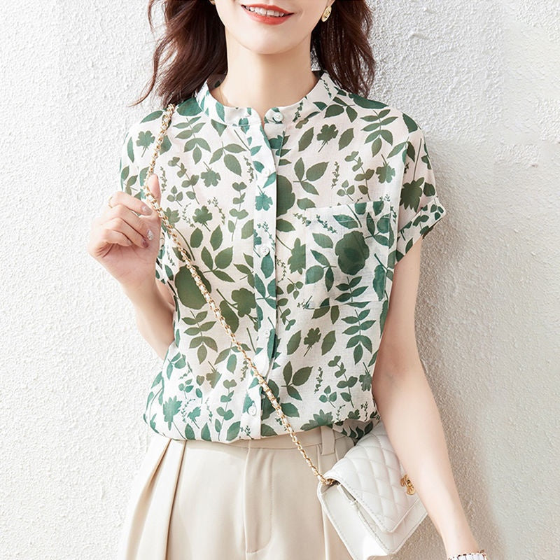 Chiffonbluse, kortærmet blomstret top til kvinder, moderigtig, stilfuld fransk printet bluse, tynd