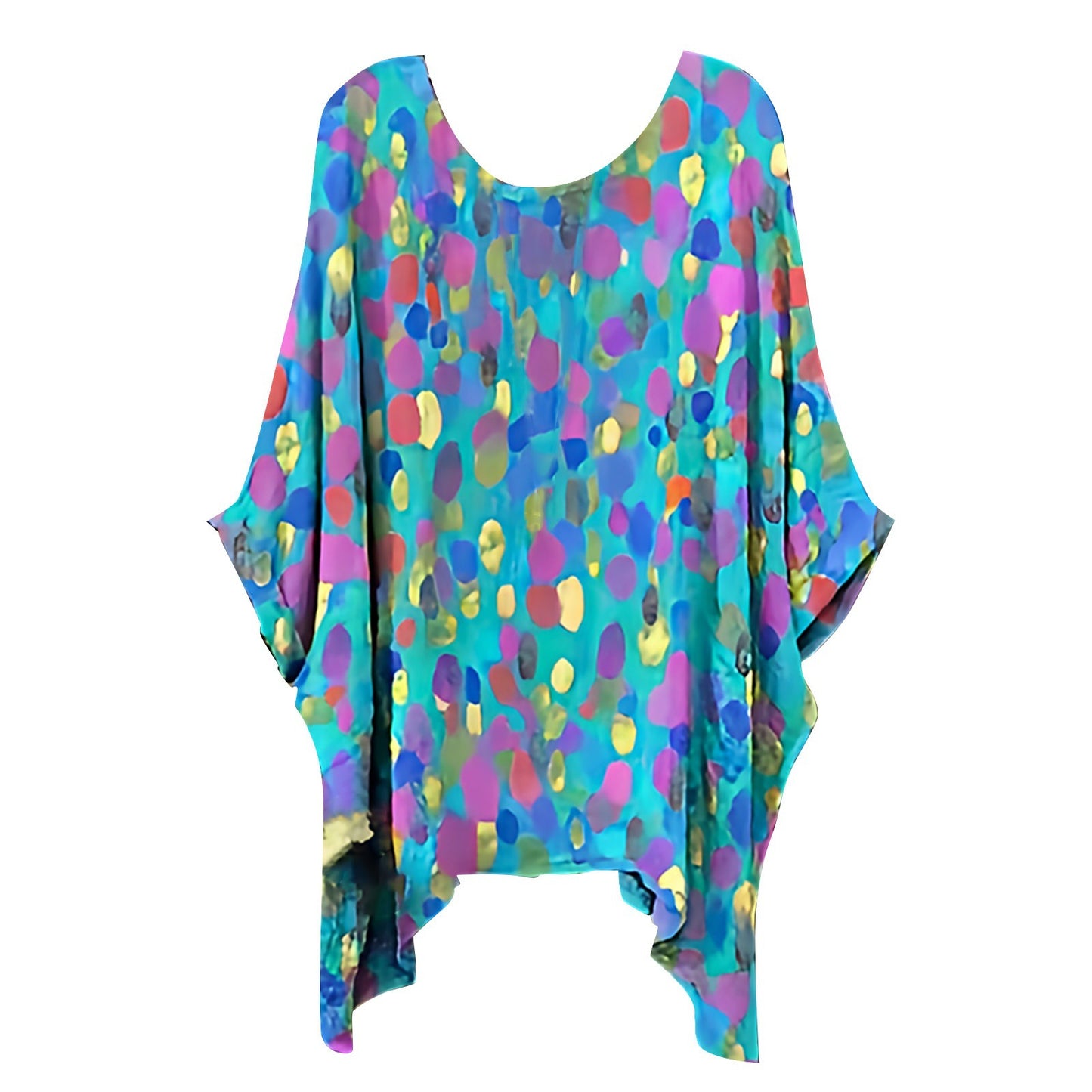 Ethnic-style Printed Loose-fitting Irregular Plus-size Batwing Top