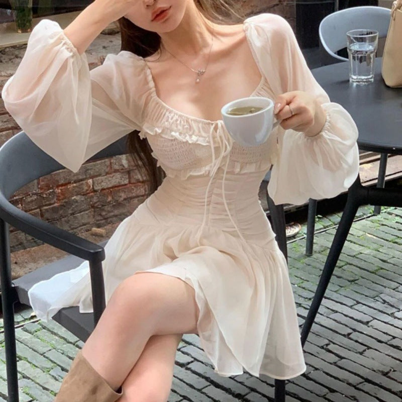 New French Style Tight Waist Bubble Sleeve Pure Desire Ballet Style Short Skirt