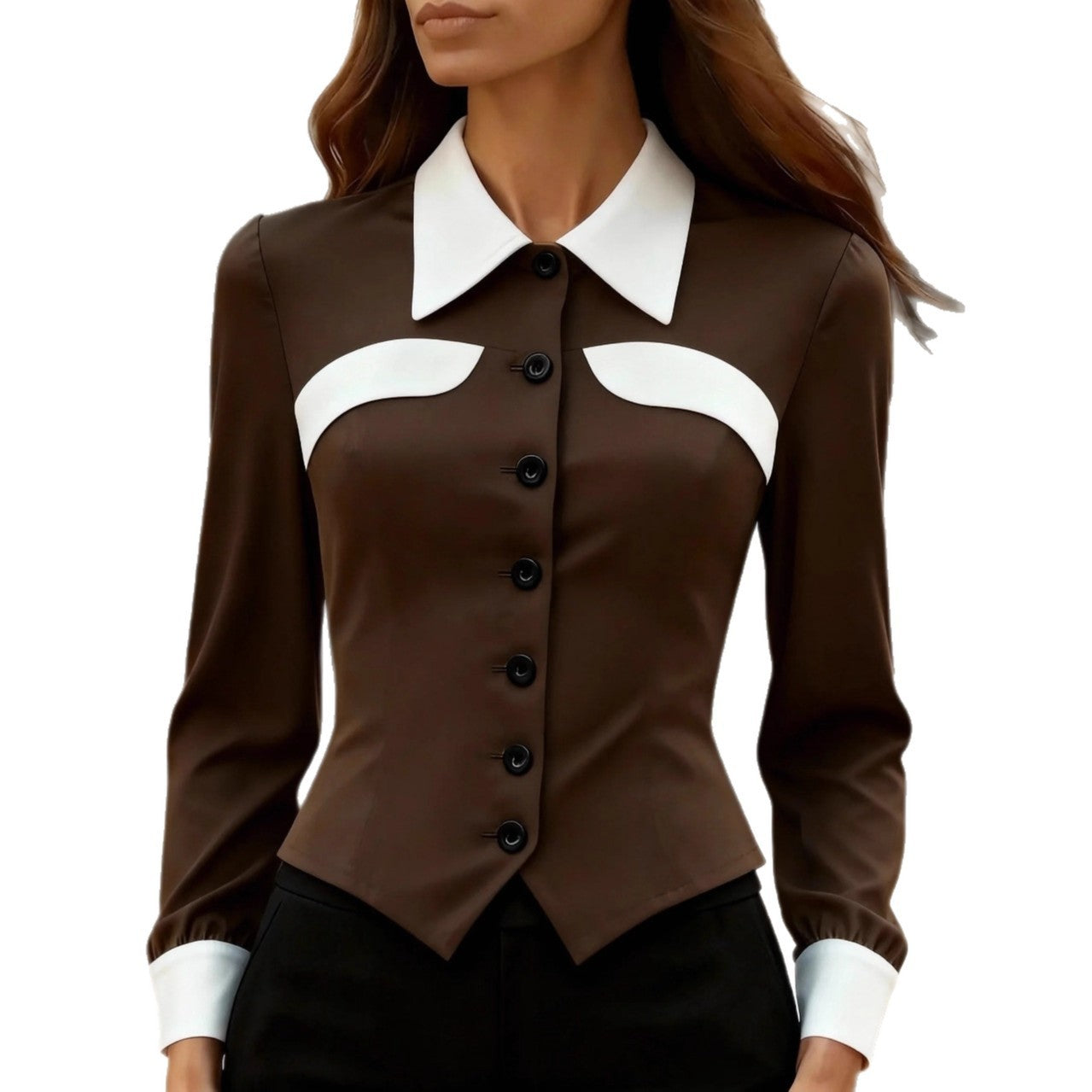 Independent Website Women's Color-block Slim-fit Versatile Slimming Long-sleeved Shirt