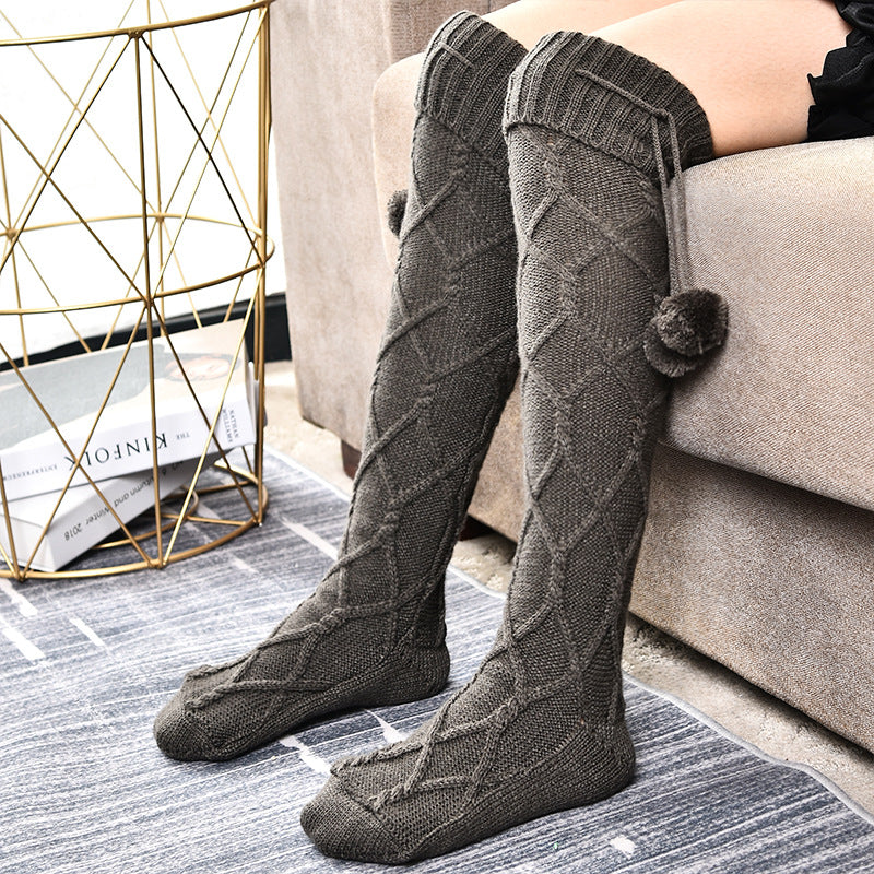 Fur Ball Over The Knee Breathable Christmas Knitted Socks