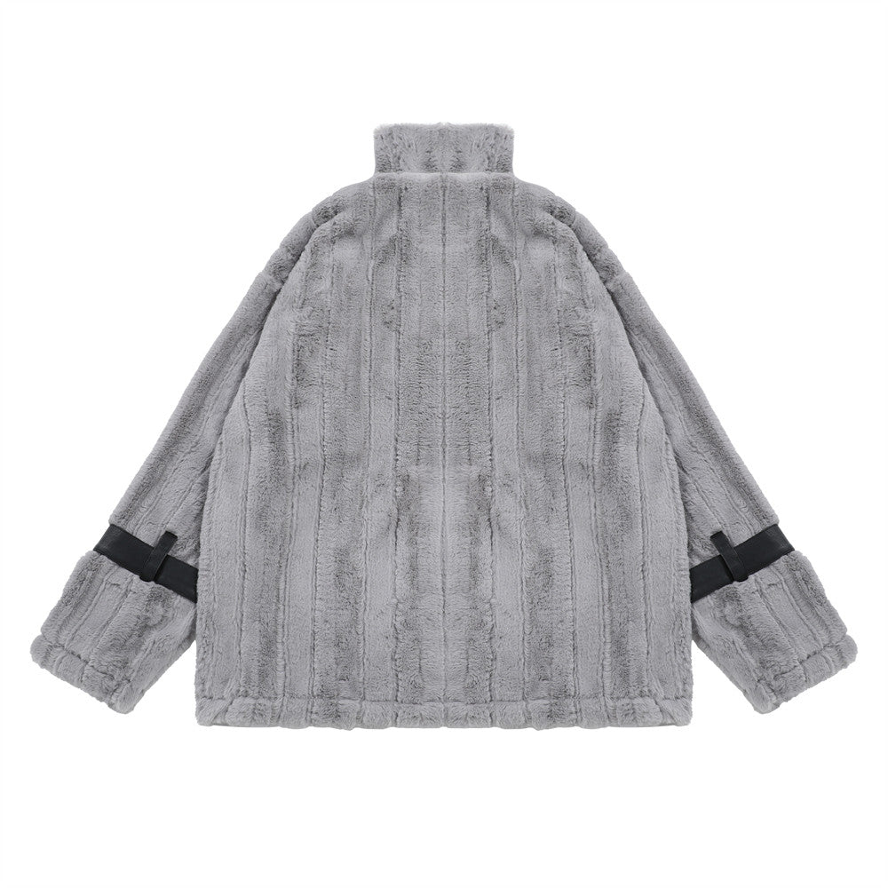 Pocket Color Contrast Patchwork Pu Lamb Wool Stand Collar Coat