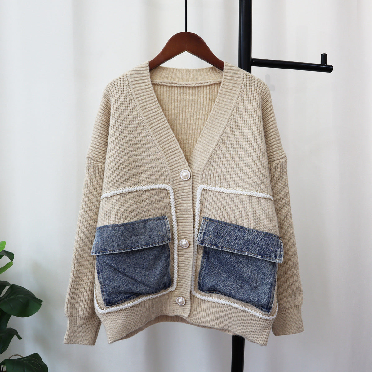 Denim Pocket Knitted Cardigan Loose Design Temperament Versatile Sweater Coat