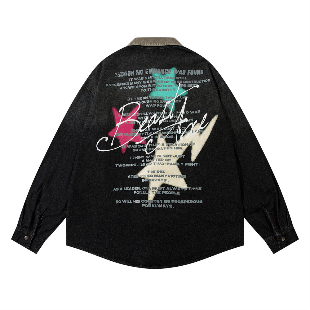 Trendy Design Five-pointed Star Letter Printing Denim Shirt