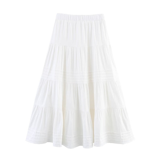 Solid Color Cotton Cloth Big Hem Skirt Stripes Multi-layer Tiered Dress
