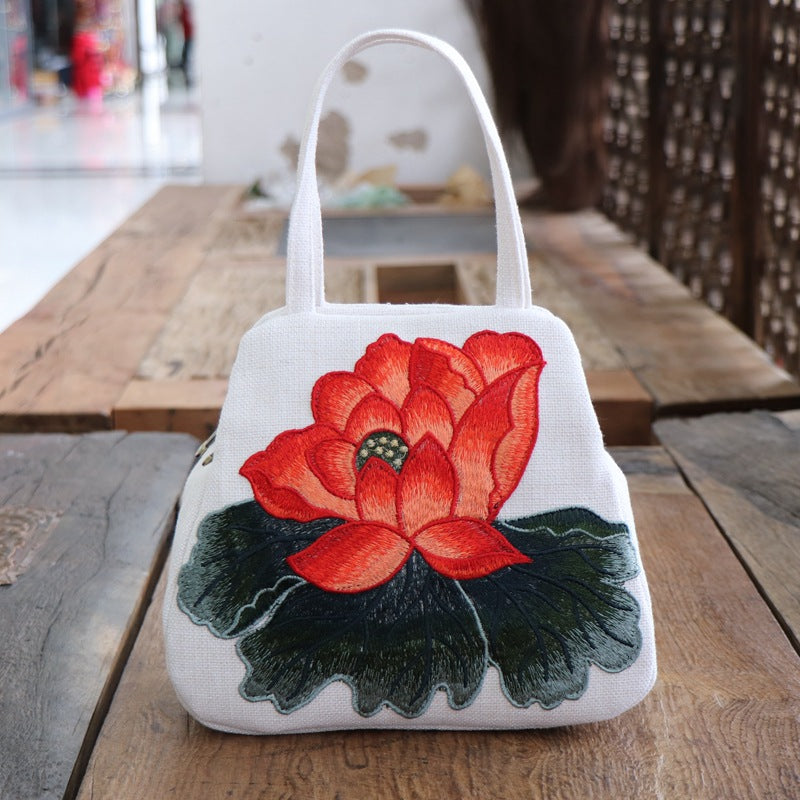 Ethnic-style Embroidered Floral Bag, Canvas Casual Bag, Handbag