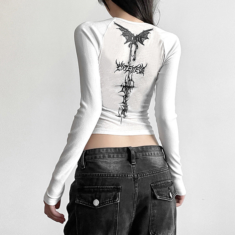 New Womens Fashion Long-sleeve Slim-fit Top With A Bold Print