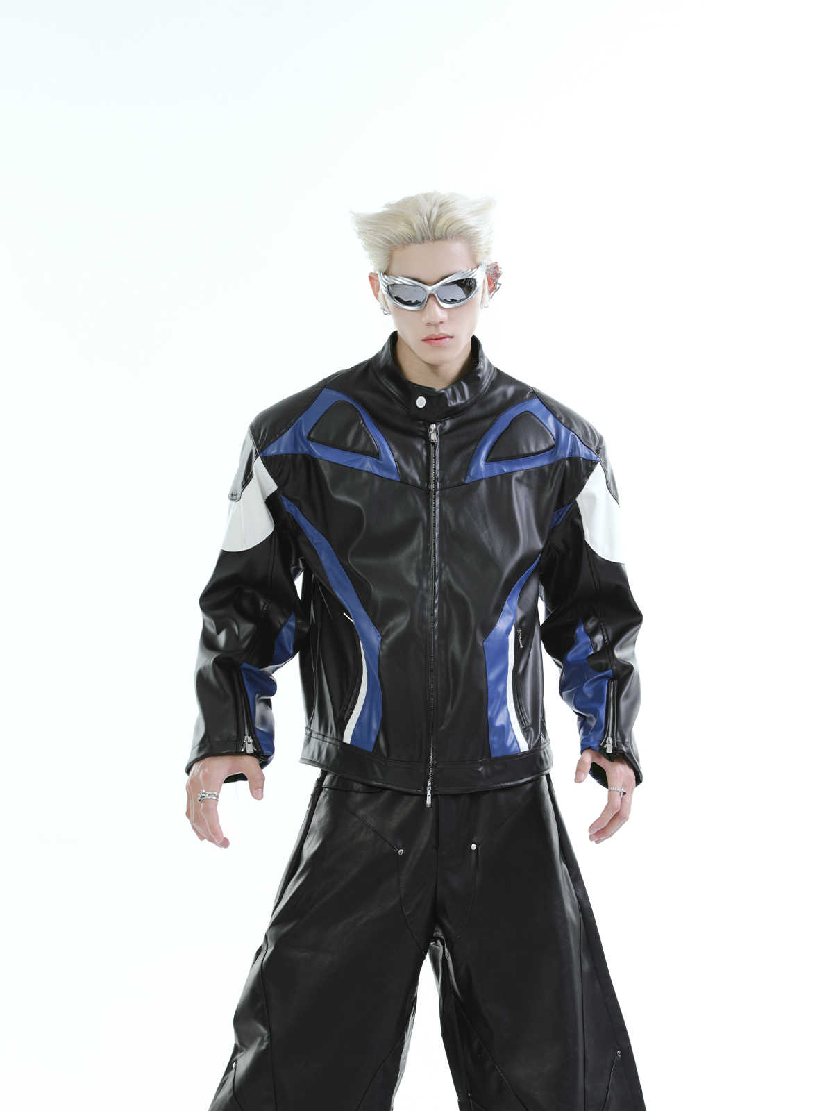 Stitching Contrast Color PU Leather Motorcycle Trendy Fried Street Pu Handsome Coat