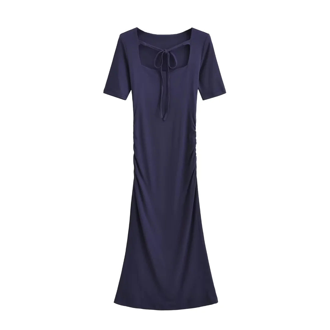Square Neck Tie-waist Pleated Short Sleeve Dress