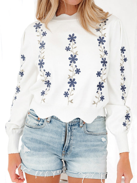 Sweet-style Printed Long-sleeved Pullover Sweater With Irregular Hem