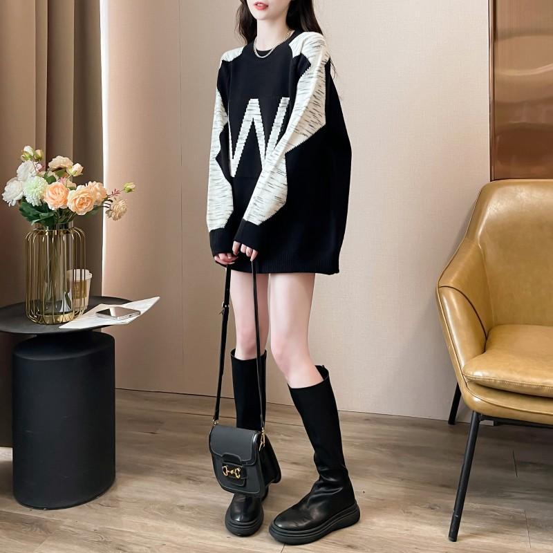 Contrast Color Letter Jacquard Crew Neck Pullover Sweater Women