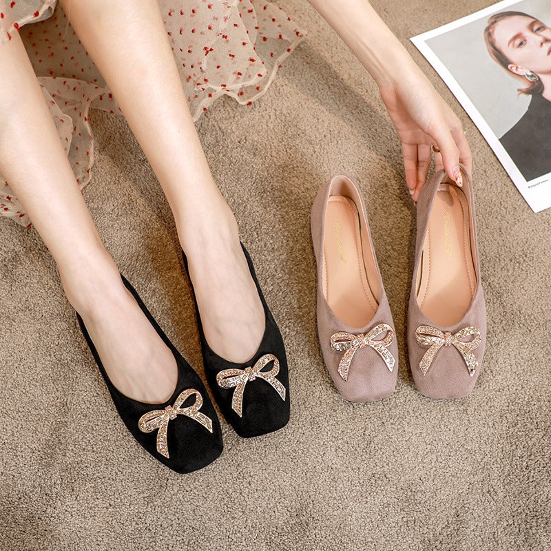 Women's Fashion Square Head Rhinestone Shallow Mouth Flat Bottom Beans Shoes