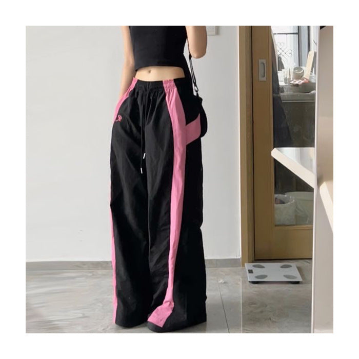 Contrast Patchwork Loose Casual Drawstring Wide-leg Pants