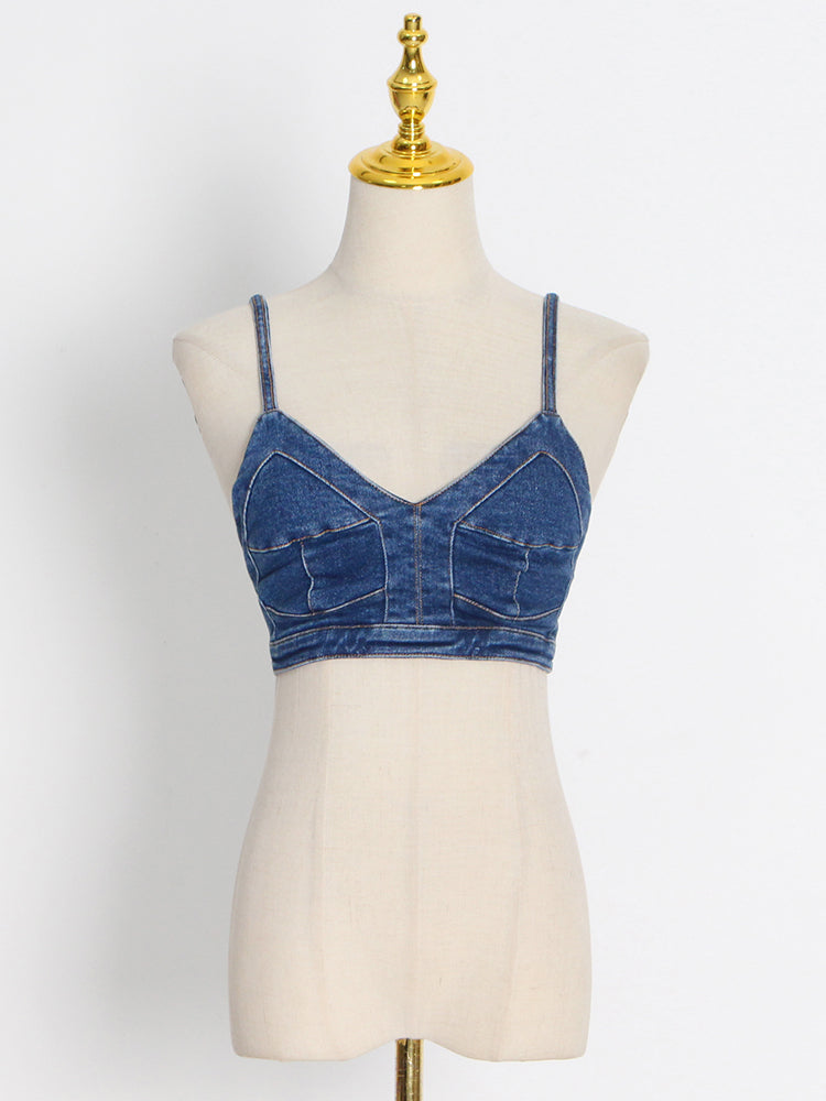 Fashion Sexy Washing Short Wrap Chest Strap Denim Vest Women