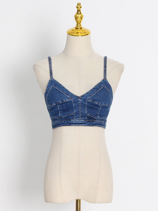 Fashion Sexy Washing Short Wrap Chest Strap Denim Vest Women