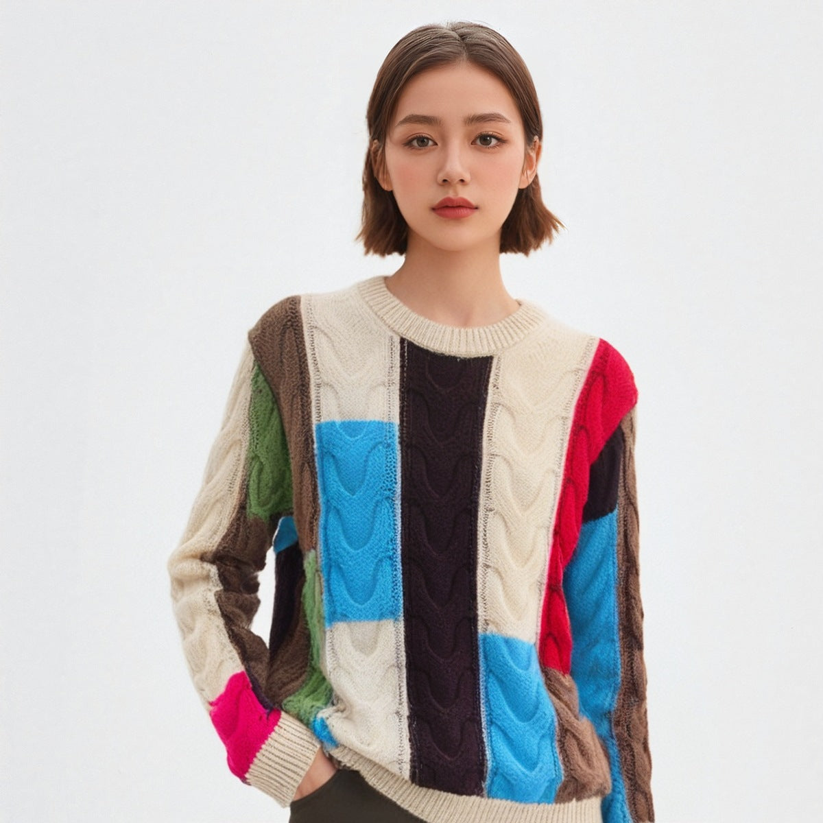 Contrast Color Round Neck Pullover Knitting Long Sleeve Outer Wear Blouse