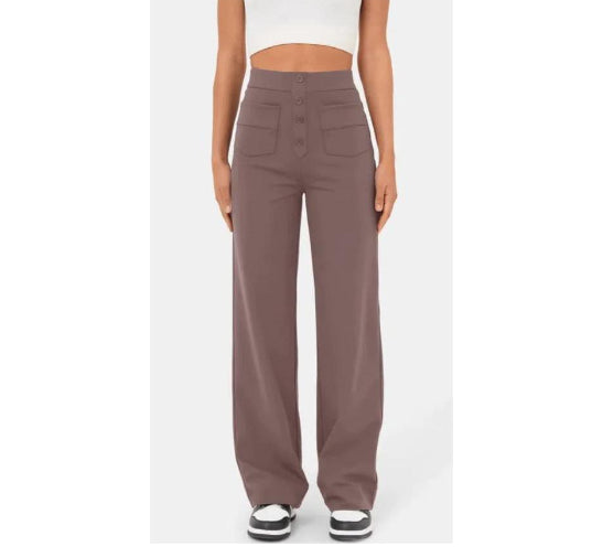 New Fall Women's Clothing High Waist Pocket Wide Leg Button Casual Baggy Straight Trousers Trousers