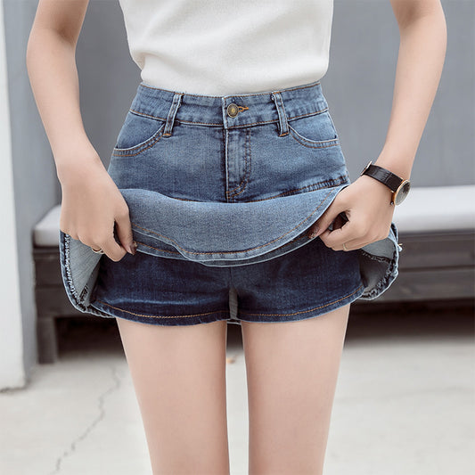 Korean Style All-match High-waist Ruffled Stitching Denim Skirt