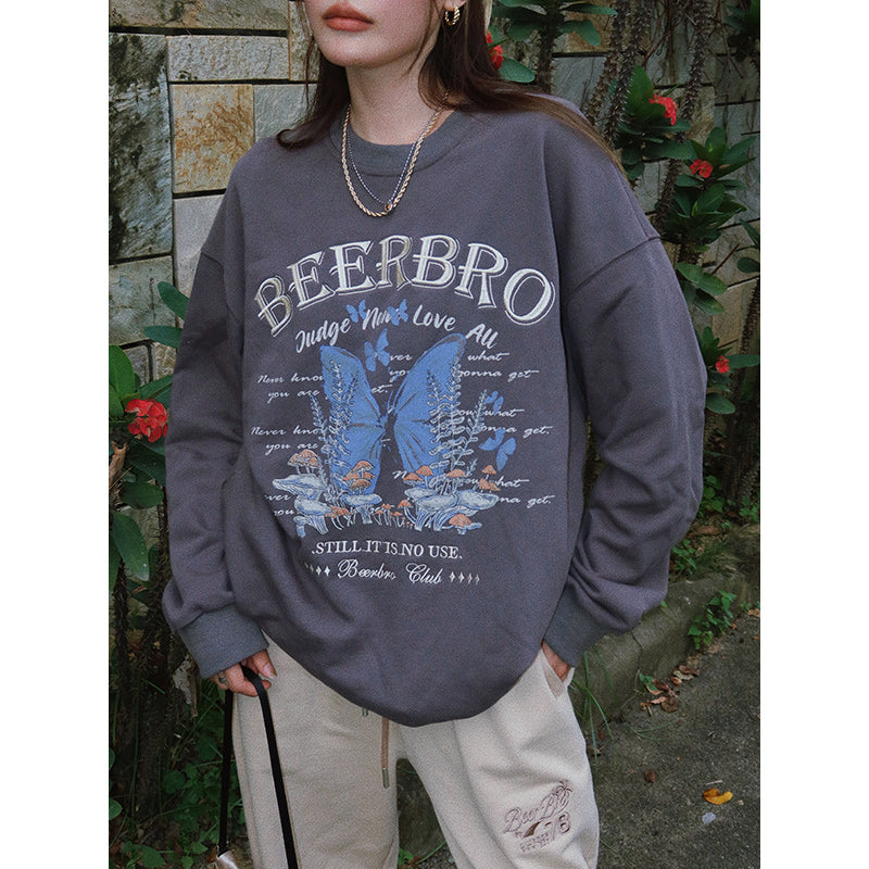 Retro American butterfly print embroidered pullover sweater girl