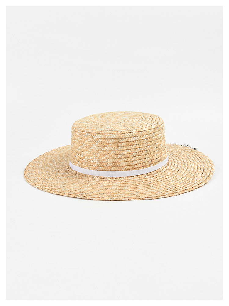 Flat Straw  Women Pearl Chain Sunshade Sun Hat