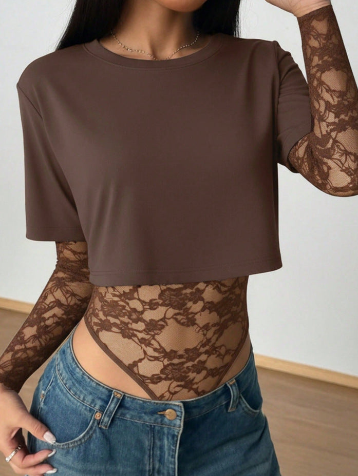 Womens Solid-Color Midriff-Baring Slim-Fit Lace Patchwork Jumpsuit