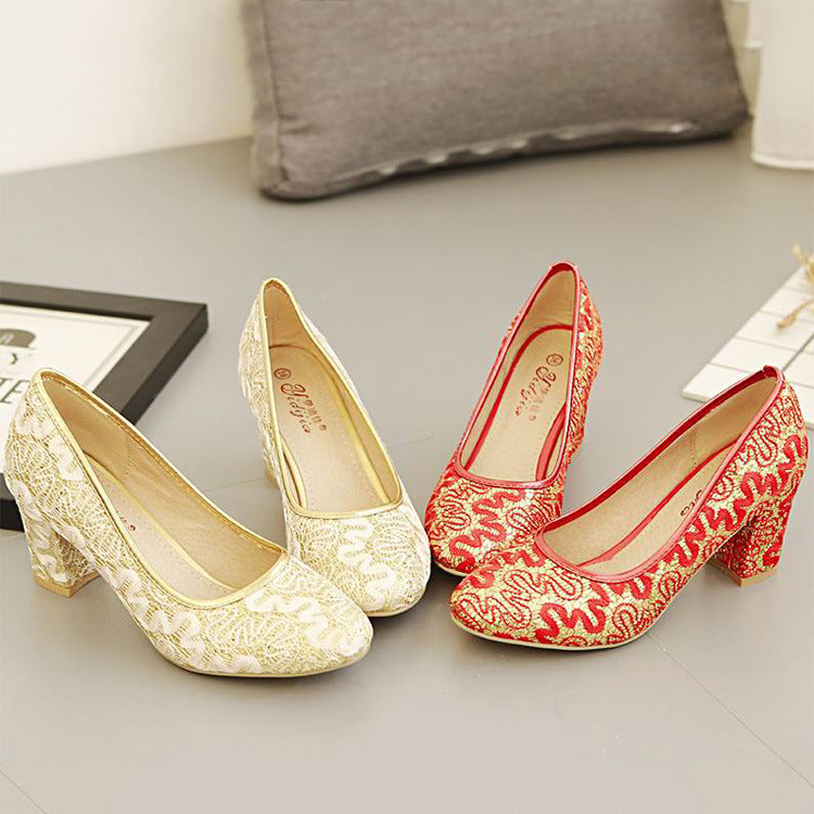 Chinese Lace Cheongsam Low Top Round Toe Chunky High Heels