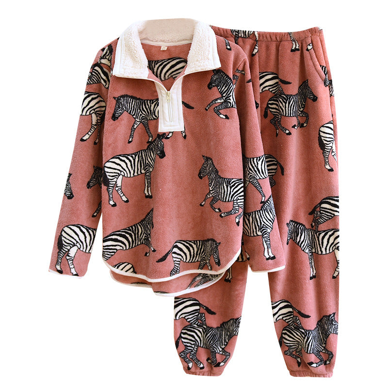 Women's Zipper Collar Pullover Flannel Pajamas Suit