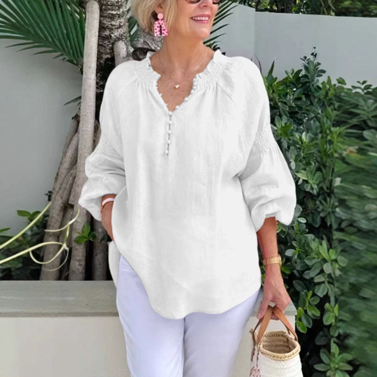 Womens Casual V-Neck Solid Color Cotton-Linen Long-Sleeve Top