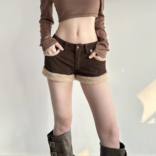 Retro Patchwork Corduroy Shorts With A Niche Designer Edgelow-rise And Ultra-flattering For Bold Edgy Looks