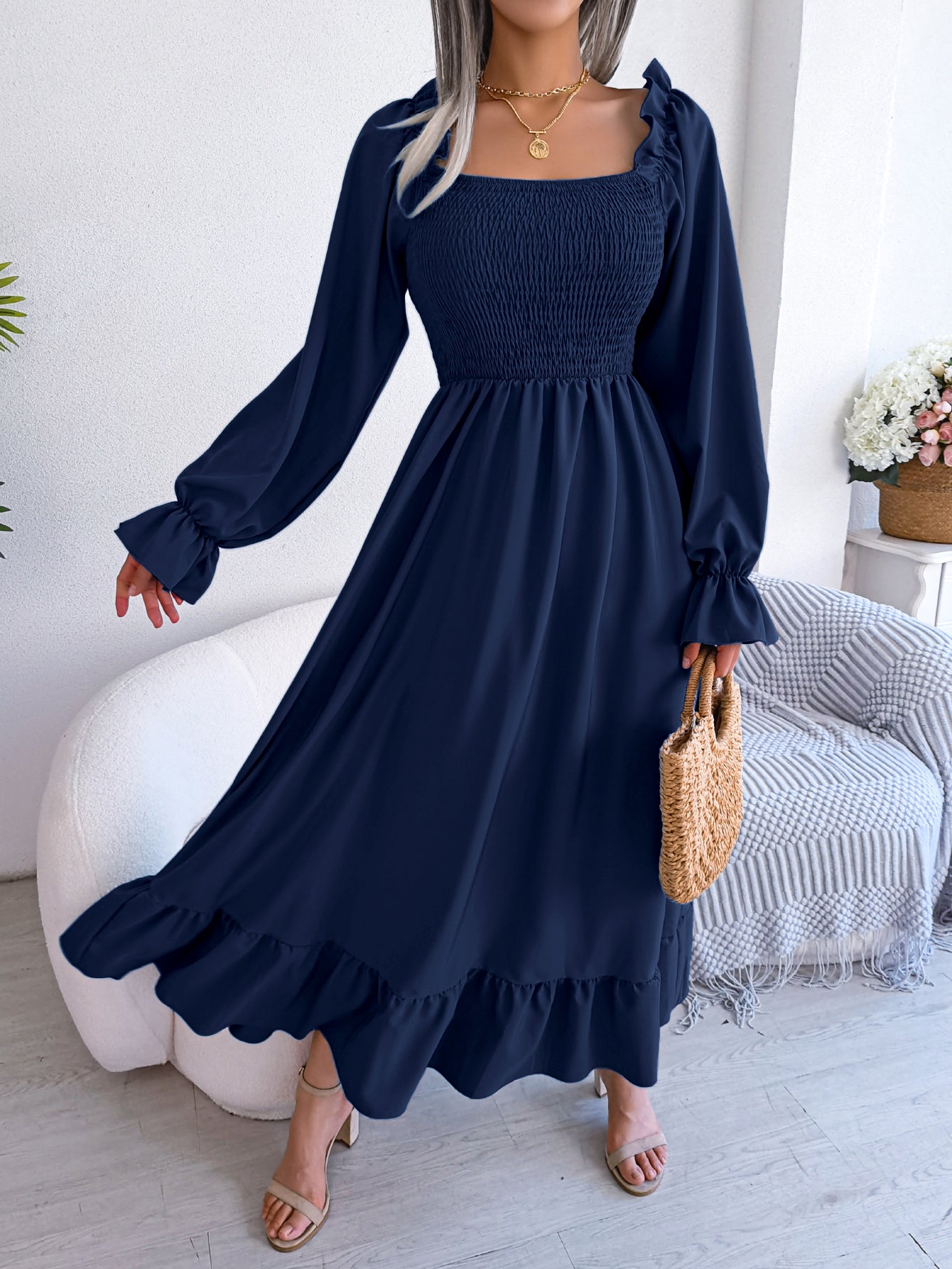 Women's Casual Square Neck Bell Sleeve Flowy Ruffle Maxi Dress