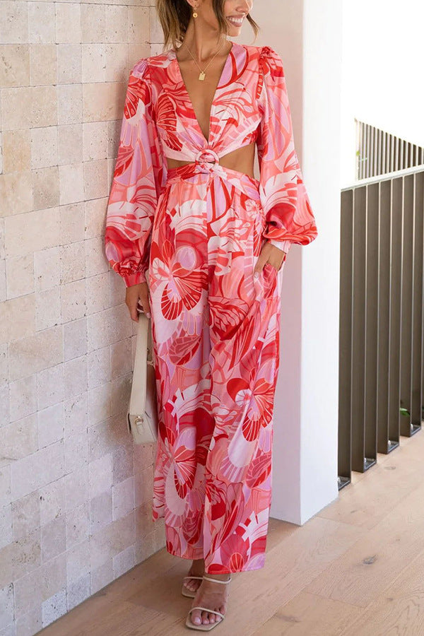 Women's Casual Backless Print Jumpsuit