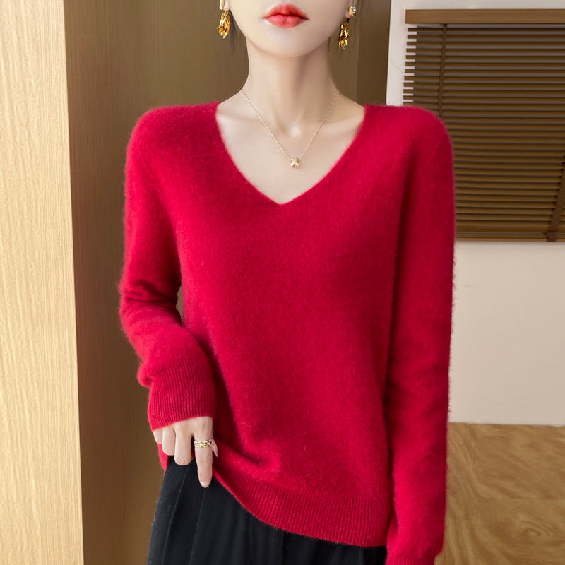 Women's Woolen Sweater V-neck Loose Wool Base Shirt