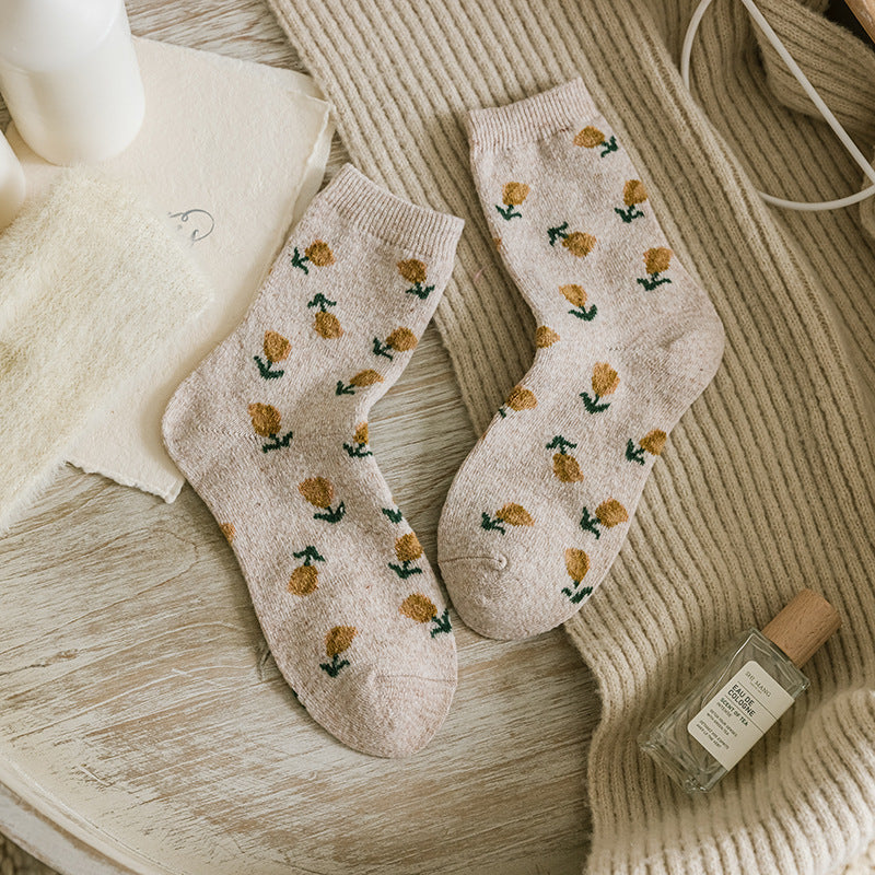 Golden Retro Tulip Mid-tube Socks Warm And Thick