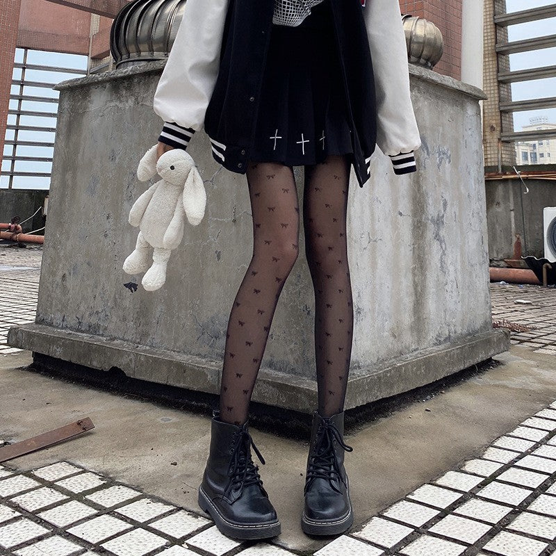 Jacquard Patterned Silk Stockings With Polka Dots And Heart Motifs Sexy Black Sheer Pantyhose