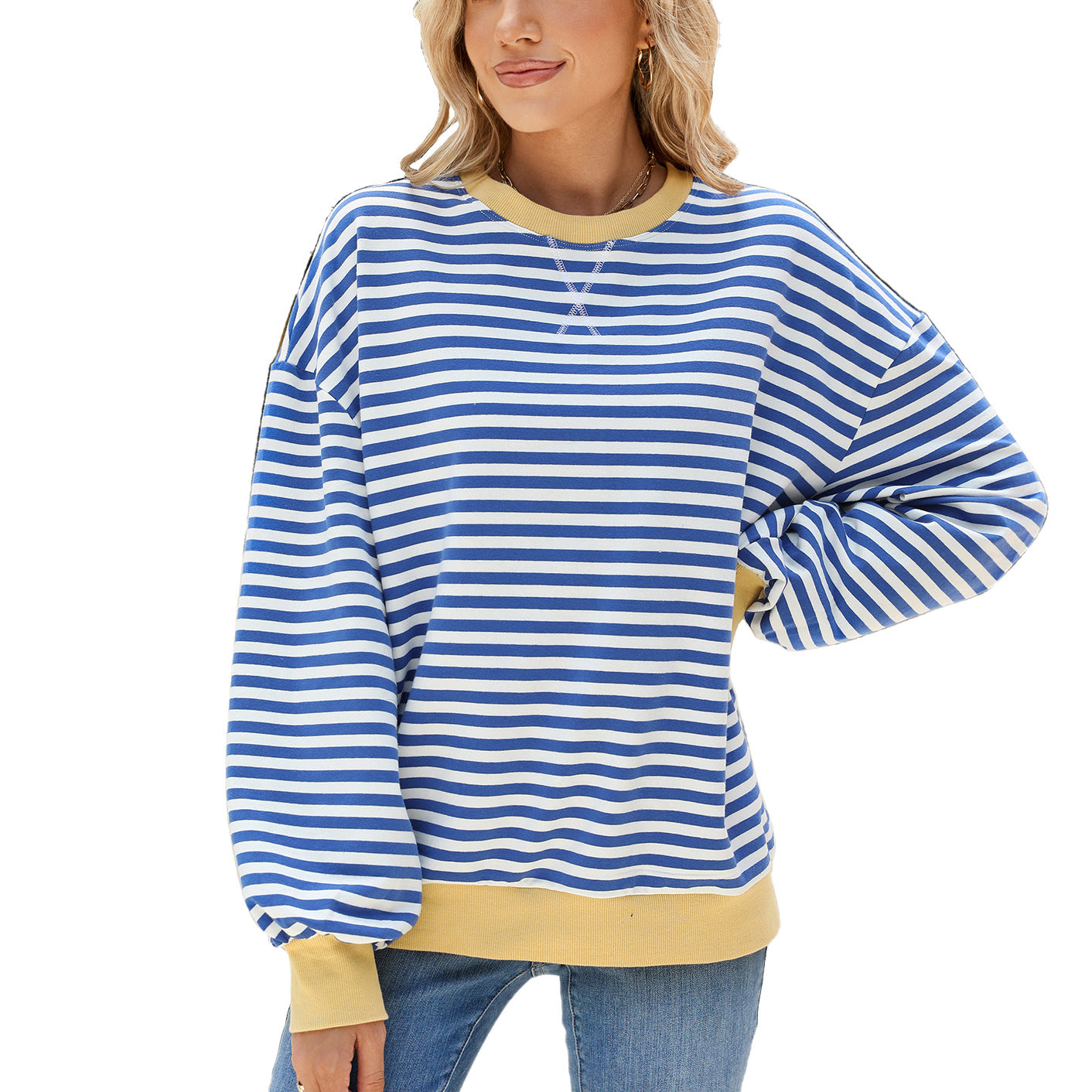 Kvinder Stribet Rund Hals Kontrastfarve Løs Langærmet Sweatshirt
