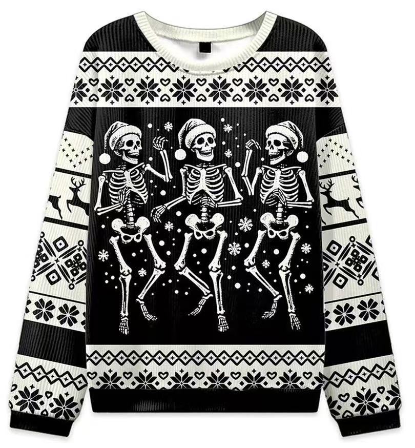 Julesweatshirt til damer med rund hals og snefnugprint, julekattemotiv