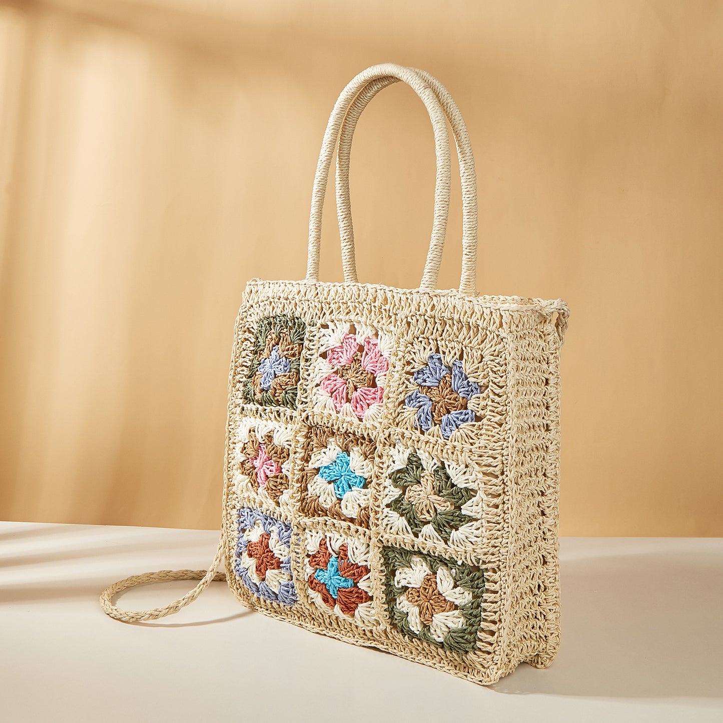 Splicing Braided Straw One Shoulder Portable Checkered Bag