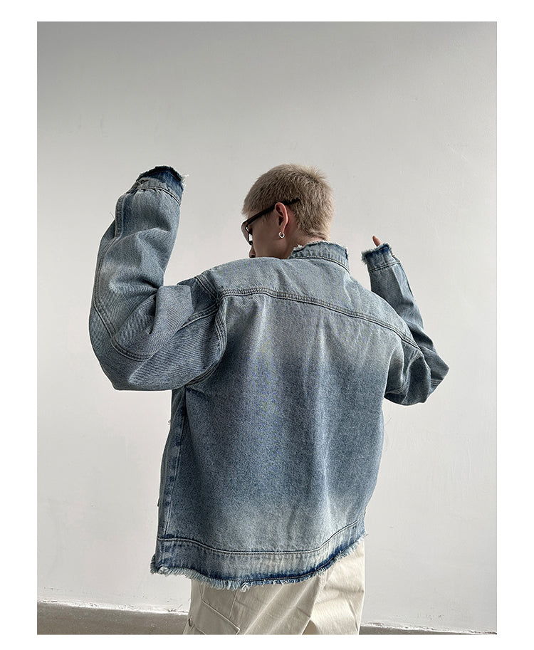 Damaged Design Feeling Rough Edge Washed Stand Collar Padded Shoulder Denim Jacket