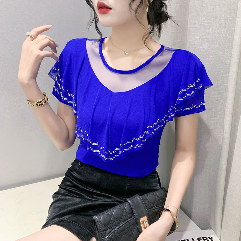 Heavy Embroidery Hot Drilling Fashion V-neck Flounce Diamond Short Sleeve Women
