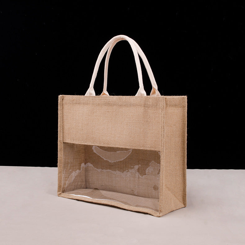 Transparent Film Splicing Visual Shopping Large Capacity Portable Burlap Bag