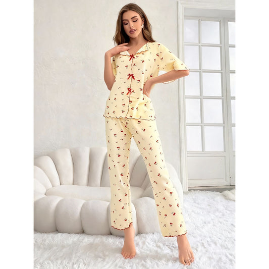 Women's Crew-Neck Cherry-Print Short-Sleeve Top And Pants Set