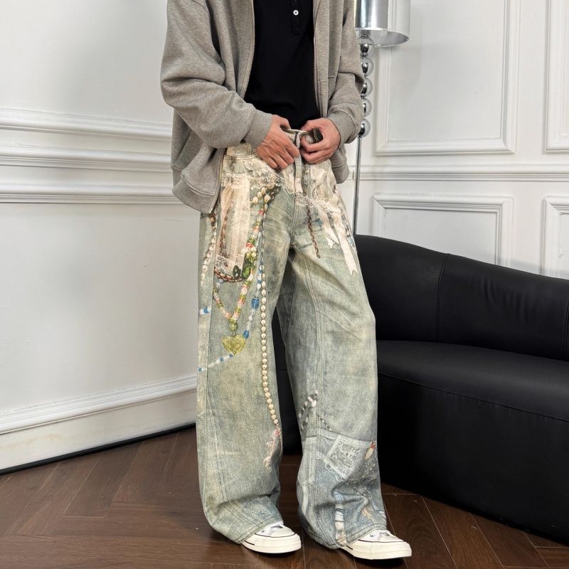 Pearl Lace Jeans Street Straight Loose Casual