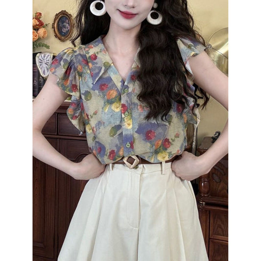 Retro V-neck Shirt For Women High-end Elegant Top