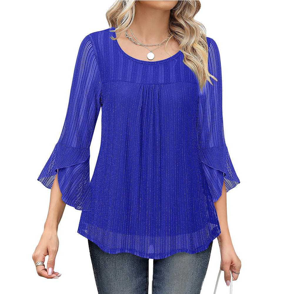 Elegant And Stylish Round-neck Top With Ruffled Sleeves And Sparkling Mesh Fabric