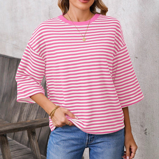 Womens Crew-Neck Striped Knitted Top With Back Tie Bow