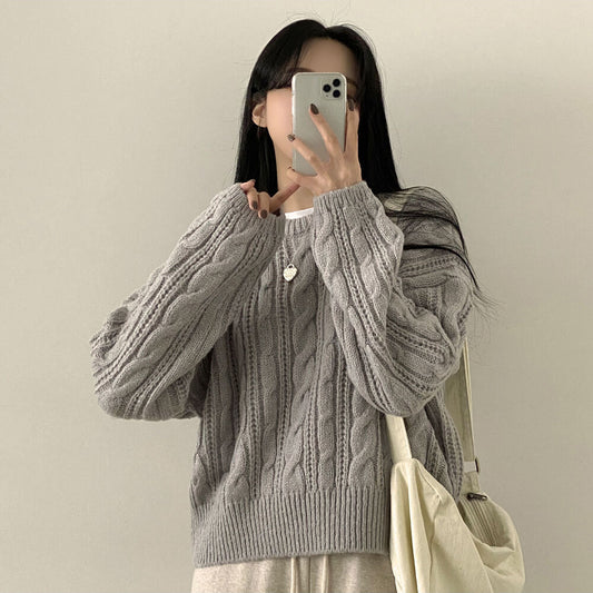 Thick Twist Sweater Idle Style Round Neck Solid Color Pullover Long Sleeve