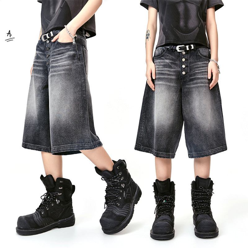 Amerikansk Retro Street Vasket Ben Hvid Kattehale Riflet Cropped Bukser