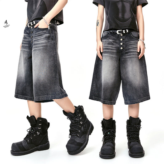 American-style Retro Street Washed Leg White Cat Beard Corrugated Cropped Pants